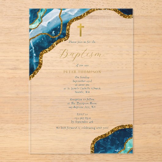 Navy Blue Geode Agate Gold Cross Baptisme Acryl Uitnodigingen (Voorkant)