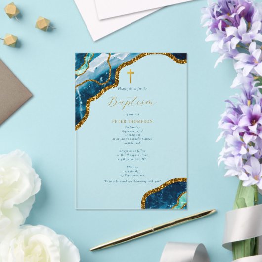Navy Blue Geode Agate Gold Cross Baptisme Acryl Uitnodigingen (Insitu (Huwelijk))