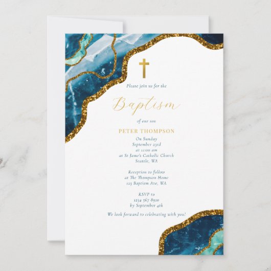 Navy Blue Geode Agate Gold Cross Baptisme Kaart (Voorkant)