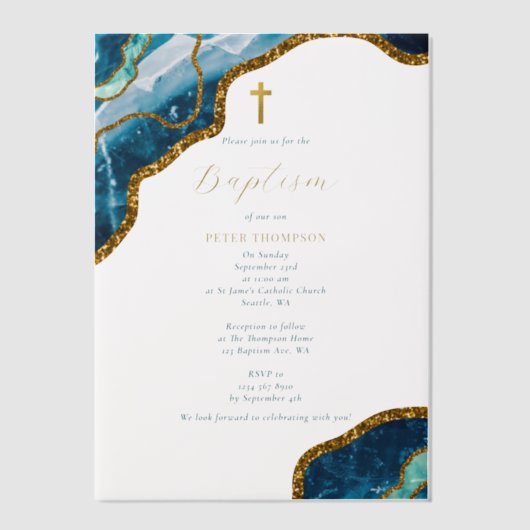 Navy Blue Geode Agate Gold Cross Baptisme Vellum Uitnodigingen (Voorkant)