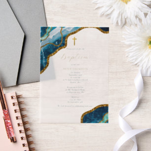 Navy Blue Geode Agate Gold Cross Baptisme Vellum Uitnodigingen