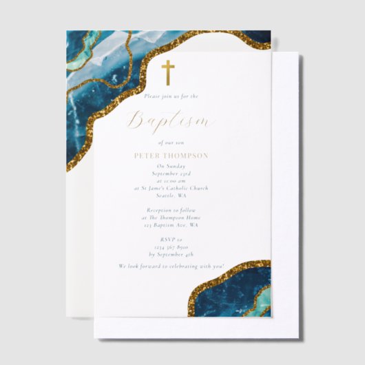 Navy Blue Geode Agate Gold Cross Baptisme Vellum Uitnodigingen (Offset)