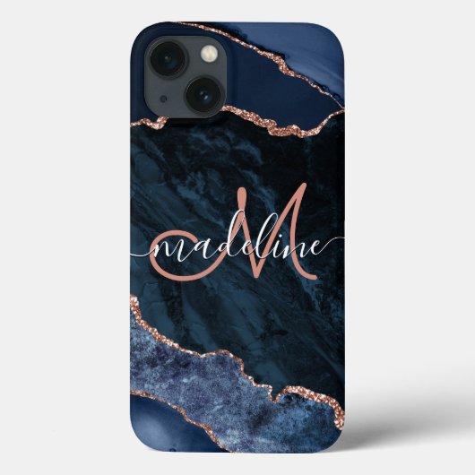 Navy Blue Geode Agate Roos Glitter Monogrammed Case-Mate iPhone Case (Achterkant)