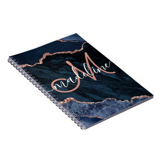 Navy Blue Geode Agate Roos Glitter Monogrammed Notitieboek (Rechterzijde)