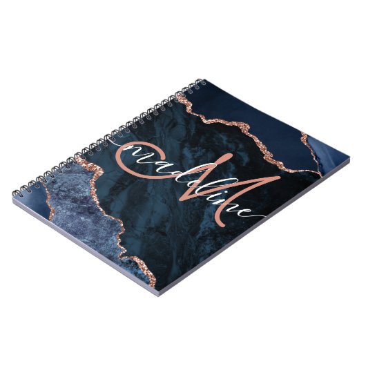 Navy Blue Geode Agate Roos Glitter Monogrammed Notitieboek (Linkerzijde)