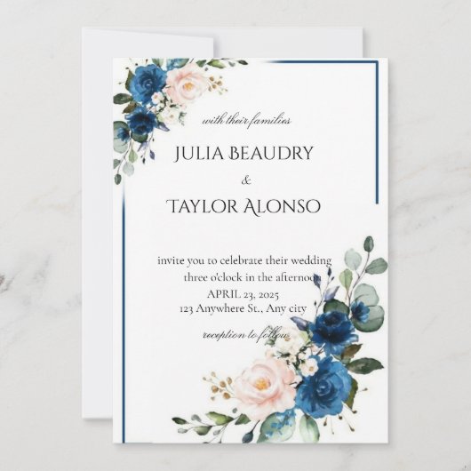 Navy Blue Geometric Floral Wedding Invitation Kaart (Voorkant)