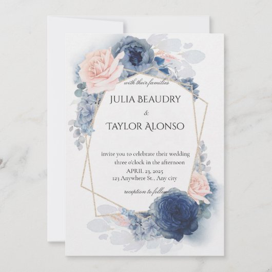Navy Blue Geometric Floral Wedding Invitation Kaart (Voorkant)