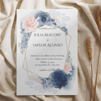 Navy Blue Geometric Floral Wedding Invitation Kaart