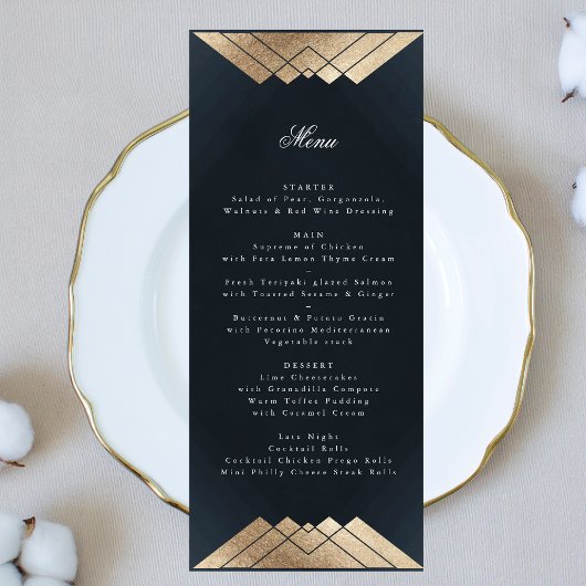 Navy Blue Geometric Gold Gatsby Wedding Menu