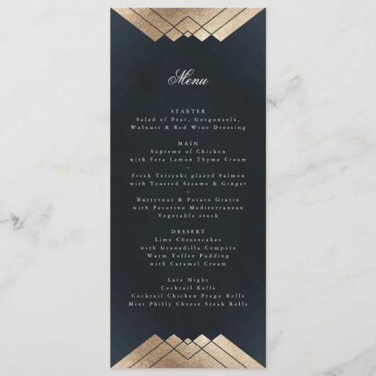 Navy Blue Geometric Gold Gatsby Wedding Menu (Voorkant)