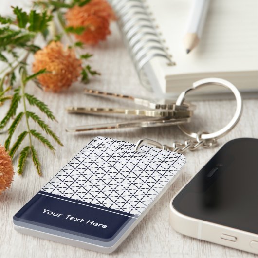 Navy Blue Geometric Pattern on White Sleutelhanger (Voorkant Rechts)