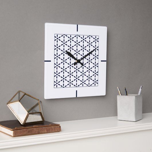Navy Blue Geometric Pattern on White Vierkante Klok (Kantoor)