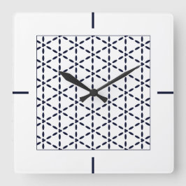Navy Blue Geometric Pattern on White Vierkante Klok