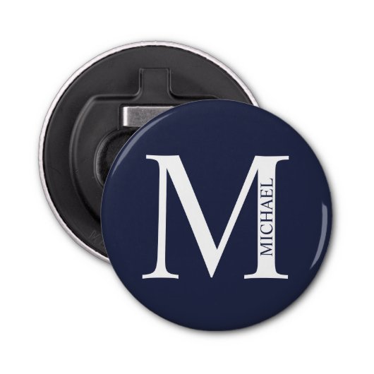 Navy Blue - gepersonaliseerd monogram en naam Button Flesopener (Voorkant)