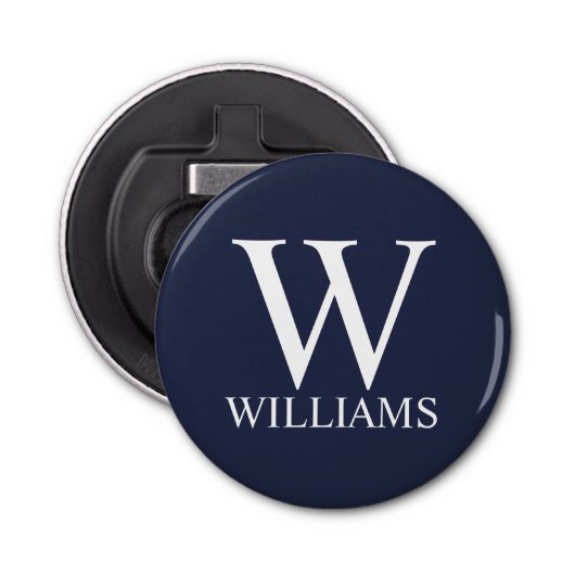 Navy Blue - gepersonaliseerd monogram en naam Button Flesopener (Voorkant)