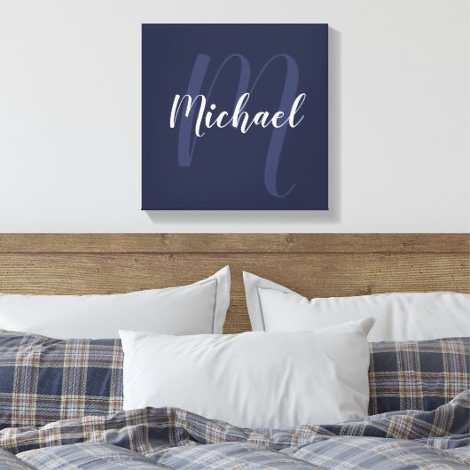 Navy Blue gepersonaliseerd Monogram en naam Canvas Afdruk (Insitu (Slaapkamer))