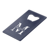 Navy Blue - gepersonaliseerd monogram en naam Creditkaart Flessenopener (Voorkant Gekanteld)