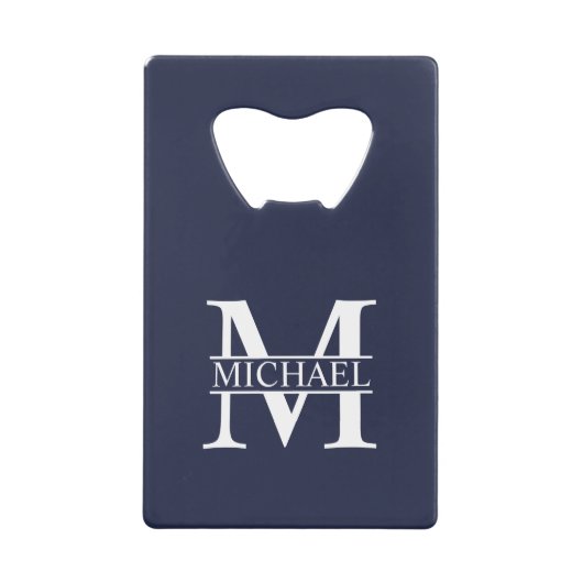 Navy Blue - gepersonaliseerd monogram en naam Creditkaart Flessenopener (Voorkant)