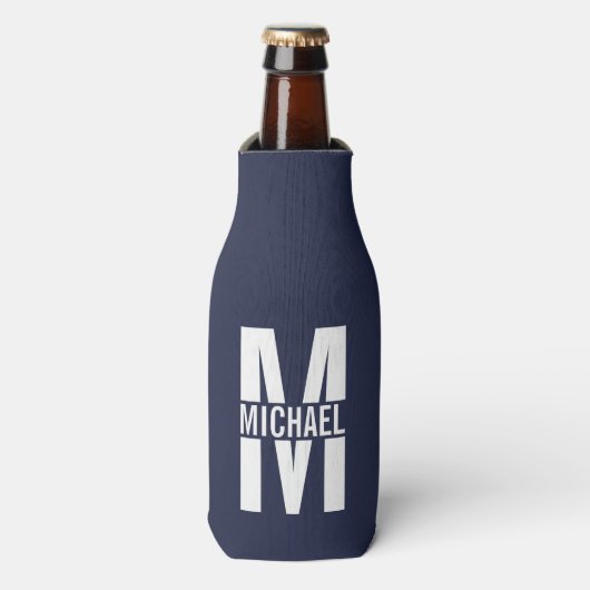 Navy Blue - gepersonaliseerd monogram en naam Flesjeskoeler (Fles Voorkant)