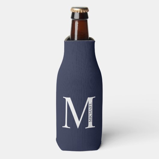 Navy Blue - gepersonaliseerd monogram en naam Flesjeskoeler (Fles Voorkant)