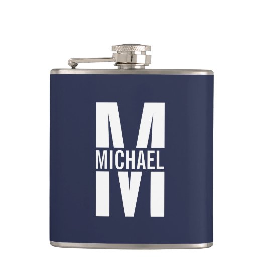 Navy Blue - gepersonaliseerd monogram en naam Heupfles (Voorkant)