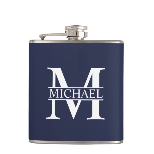 Navy Blue - gepersonaliseerd monogram en naam Heupfles (Voorkant)