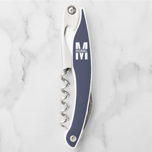 Navy Blue - gepersonaliseerd monogram en naam Kurkentrekker (Voorkant)