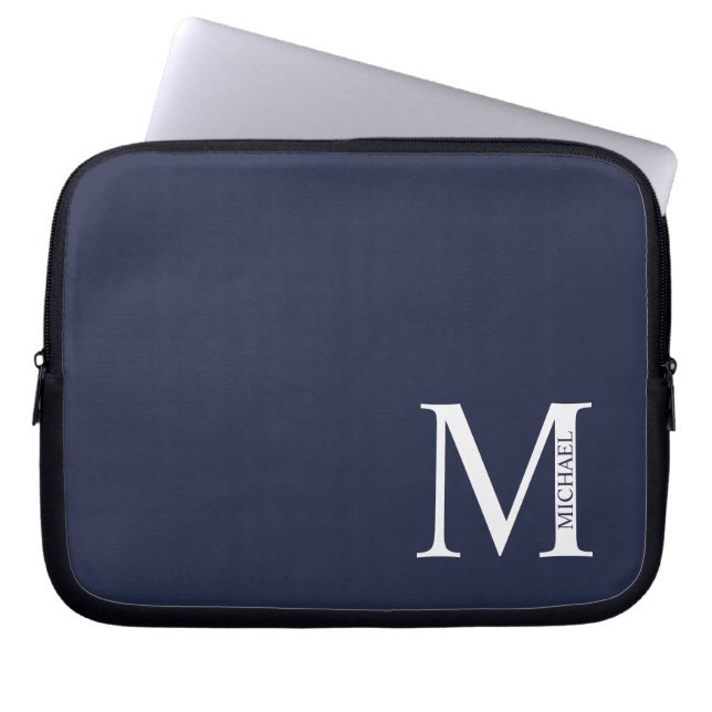 Navy Blue - gepersonaliseerd monogram en naam Laptop Sleeve (Voorkant)
