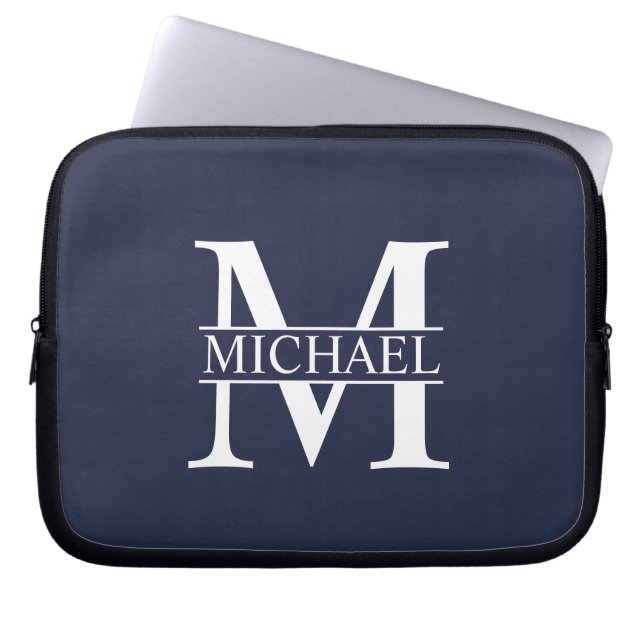 Navy Blue - gepersonaliseerd monogram en naam Laptop Sleeve (Voorkant)