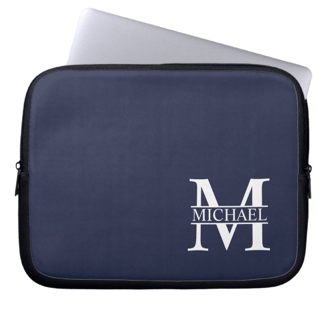Navy Blue - gepersonaliseerd monogram en naam Laptop Sleeve (Voorkant)