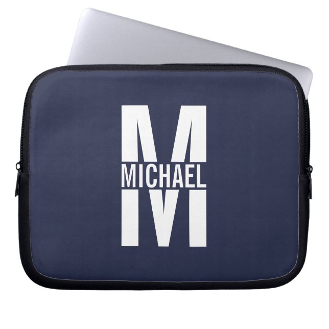 Navy Blue - gepersonaliseerd monogram en naam Laptop Sleeve (Voorkant)