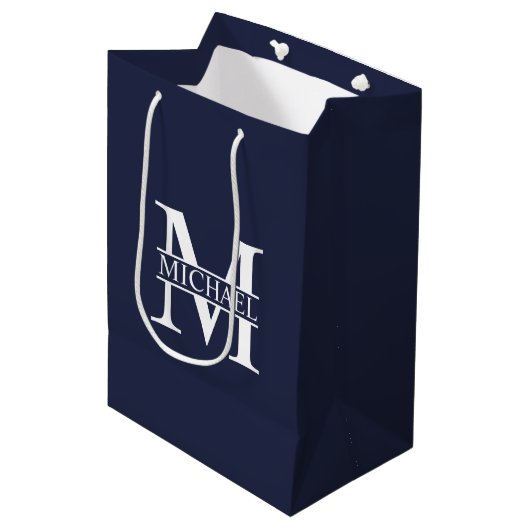 Navy Blue - gepersonaliseerd monogram en naam Medium Cadeauzakje (Voorkant Gekanteld)