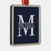 Navy Blue - gepersonaliseerd monogram en naam Metalen Ornament (Rechts)