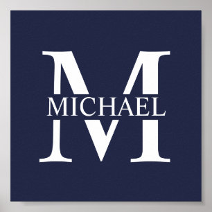 Navy Blue - gepersonaliseerd monogram en naam Poster