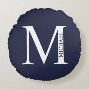 Navy Blue - gepersonaliseerd monogram en naam Rond Kussen