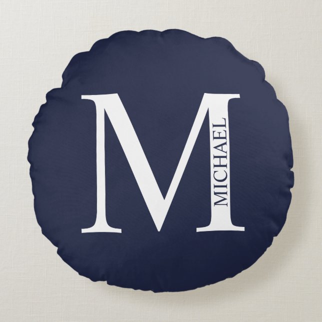 Navy Blue - gepersonaliseerd monogram en naam Rond Kussen (Voorkant)
