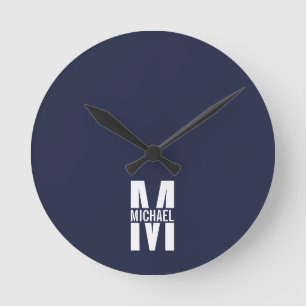 Navy Blue - gepersonaliseerd monogram en naam Ronde Klok