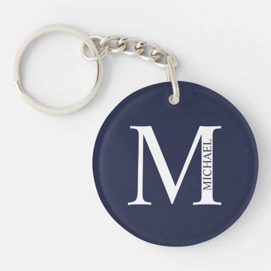 Navy Blue gepersonaliseerd monogram en naam Sleute Sleutelhanger (Voorkant)