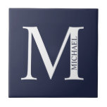Navy Blue - gepersonaliseerd monogram en naam Tegeltje<br><div class="desc">Het gepersonaliseerde Monogram en het Ontwerp van de Naam kenmerkt gepersonaliseerd monogram en naam in klassieke serif doopvontstijl.</div>