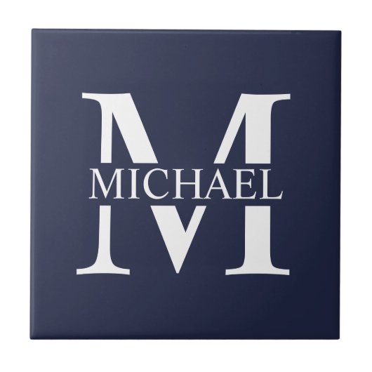 Navy Blue - gepersonaliseerd monogram en naam Tegeltje (Voorkant)