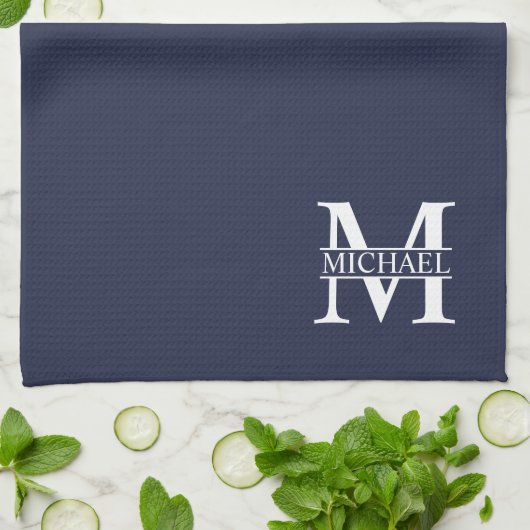 Navy Blue - gepersonaliseerd monogram en naam Theedoek (Gevouwen)