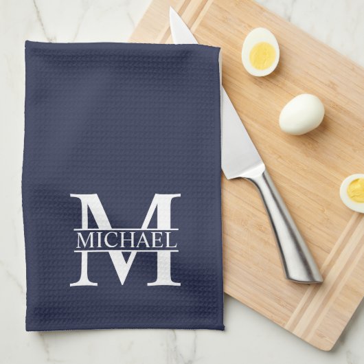 Navy Blue - gepersonaliseerd monogram en naam Theedoek (Quarter Fold)
