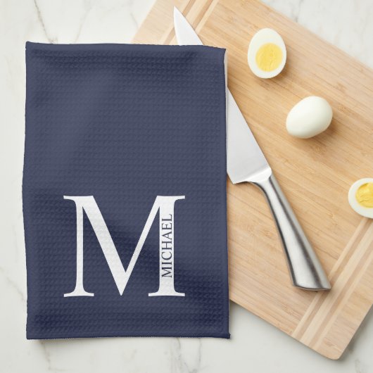 Navy Blue - gepersonaliseerd monogram en naam Theedoek (Quarter Fold)