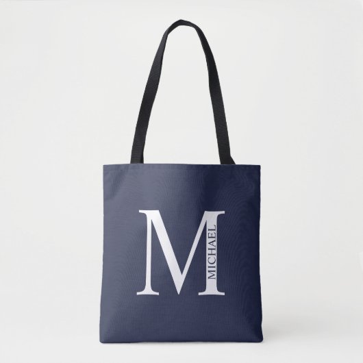 Navy Blue - gepersonaliseerd monogram en naam Tote Bag (Voorkant)