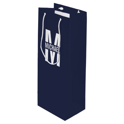 Navy Blue - gepersonaliseerd monogram en naam Wijn Cadeautas (Voorkant Gekanteld)