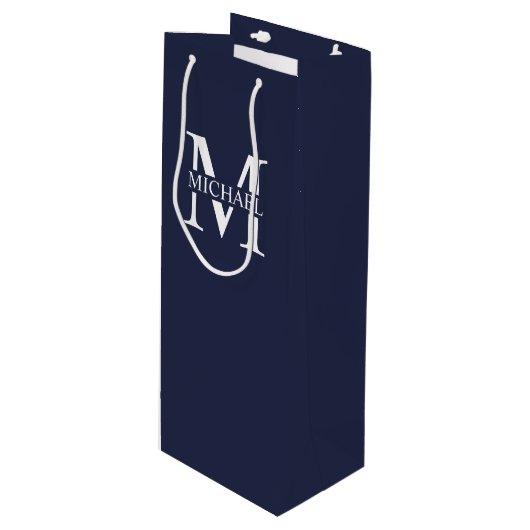 Navy Blue - gepersonaliseerd monogram en naam Wijn Cadeautas (Voorkant Gekanteld)