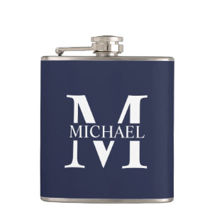 Navy Blue gepersonaliseerd monogram en naamfles Heupfles