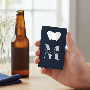 Navy Blue Gepersonaliseerde Monogram Trouwgetuig Creditkaart Flessenopener