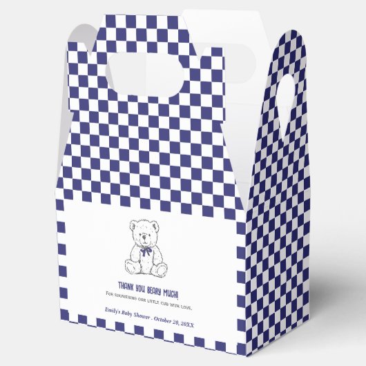 Navy Blue Geruite Teddybeer-Onze kleine welp Bedankdoosjes (Geopend)