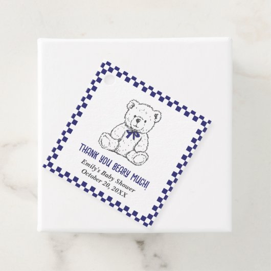 Navy Blue Geruite Teddybeer-Onze kleine welp Bedankjes Labels (In situ)